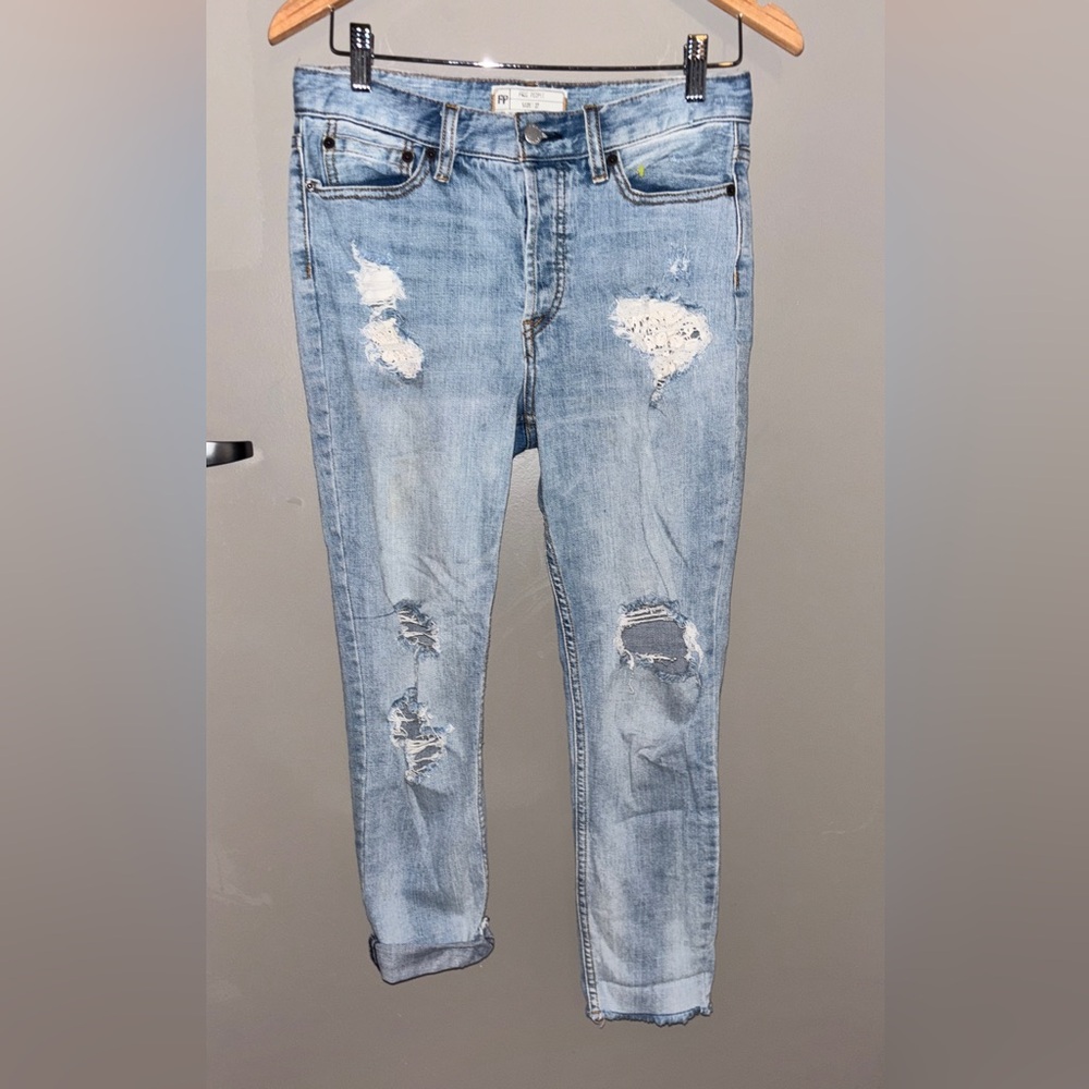 Free People Light Blue Distressed Skinny Jeans w/crochet and raw hem